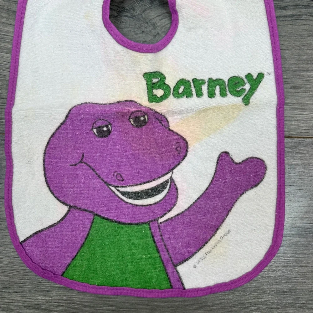 Vintage 1993 Barney the Dinosaur Baby Bib White Purple Waterproof Snap Lyons 90s